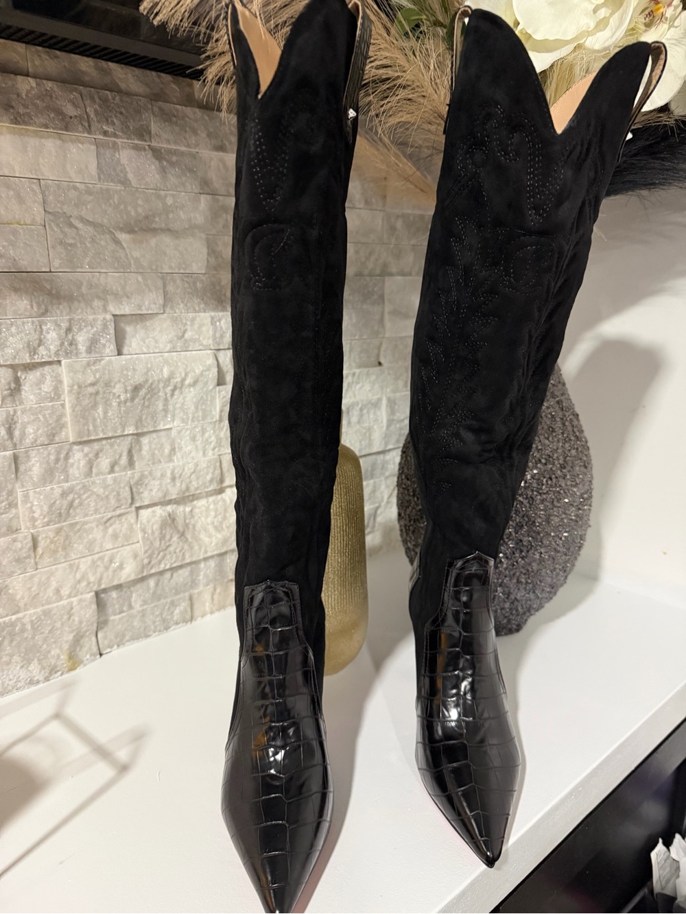 RED BOTTOM Black Over-the-Knee Pointed-Toe Boots with Croc-Texture Cap